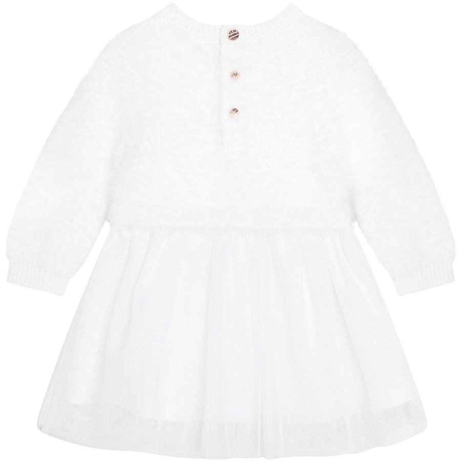 Carrement Beau - Bimaterial Knit Dress with Tulle Skirt - White