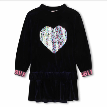 Billie Blush - Long Sleeve Sequin Heart Velvet Dress w Elastic Logo Cuffs - Navy