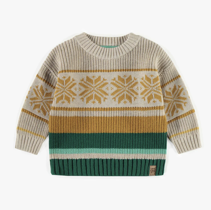 Souris Mini - Patterned Knit Sweater - Cream Teal