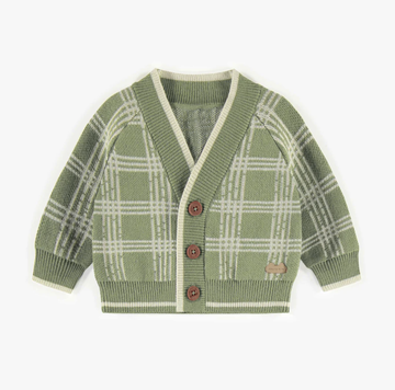 Souris Mini - Plaid Knitted Button Front Cardigan - Green