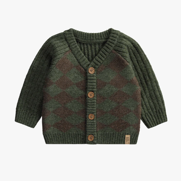 Souris Mini - Knit Checkered Button Up Cardigan - Dark Green/Brown