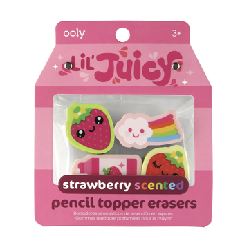 Ooly - Lil' Juicy Scented Pencil Topper Erasers - Strawberry - Set of 4