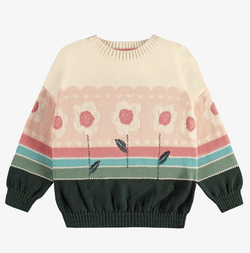Souris Mini - Long Sleeve Knitted Floral Sweater - Green, Cream, Coral