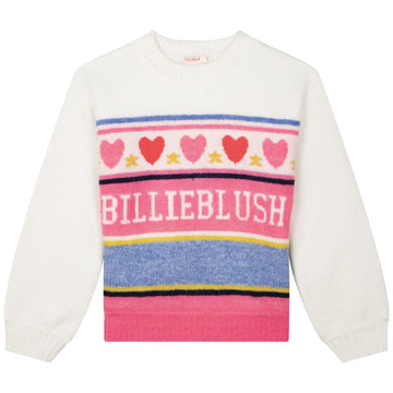 Billie Blush - Knit Sweater with Jacquard Logo and Hearts - Ivory