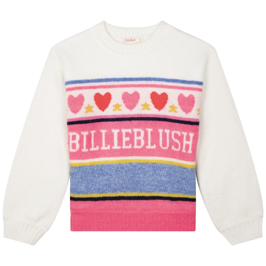 Billie Blush - Knit Sweater with Jacquard Logo and Hearts - Ivory