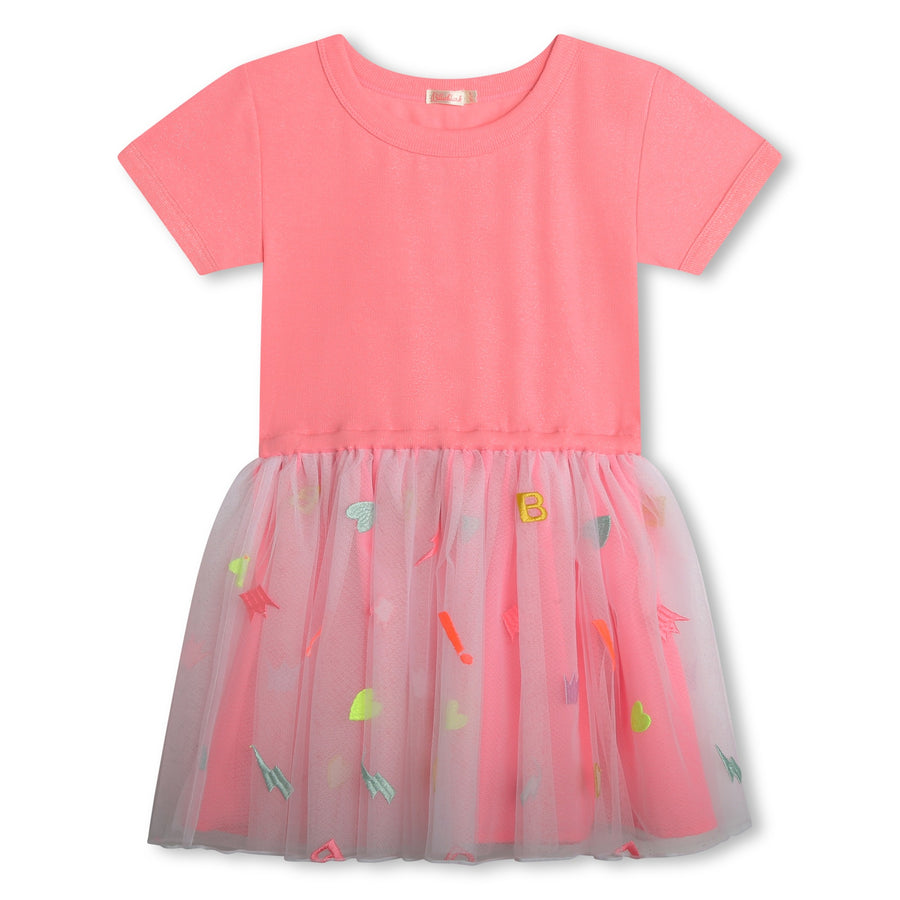 Billie Blush - Tulle Short Sleeve Dress - Rose Fluorescent & Embroidery