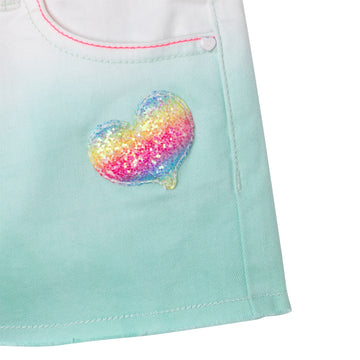 Billie Blush - Dip Dye Drill Shorts with Rainbow Heart Patch - Turquoise