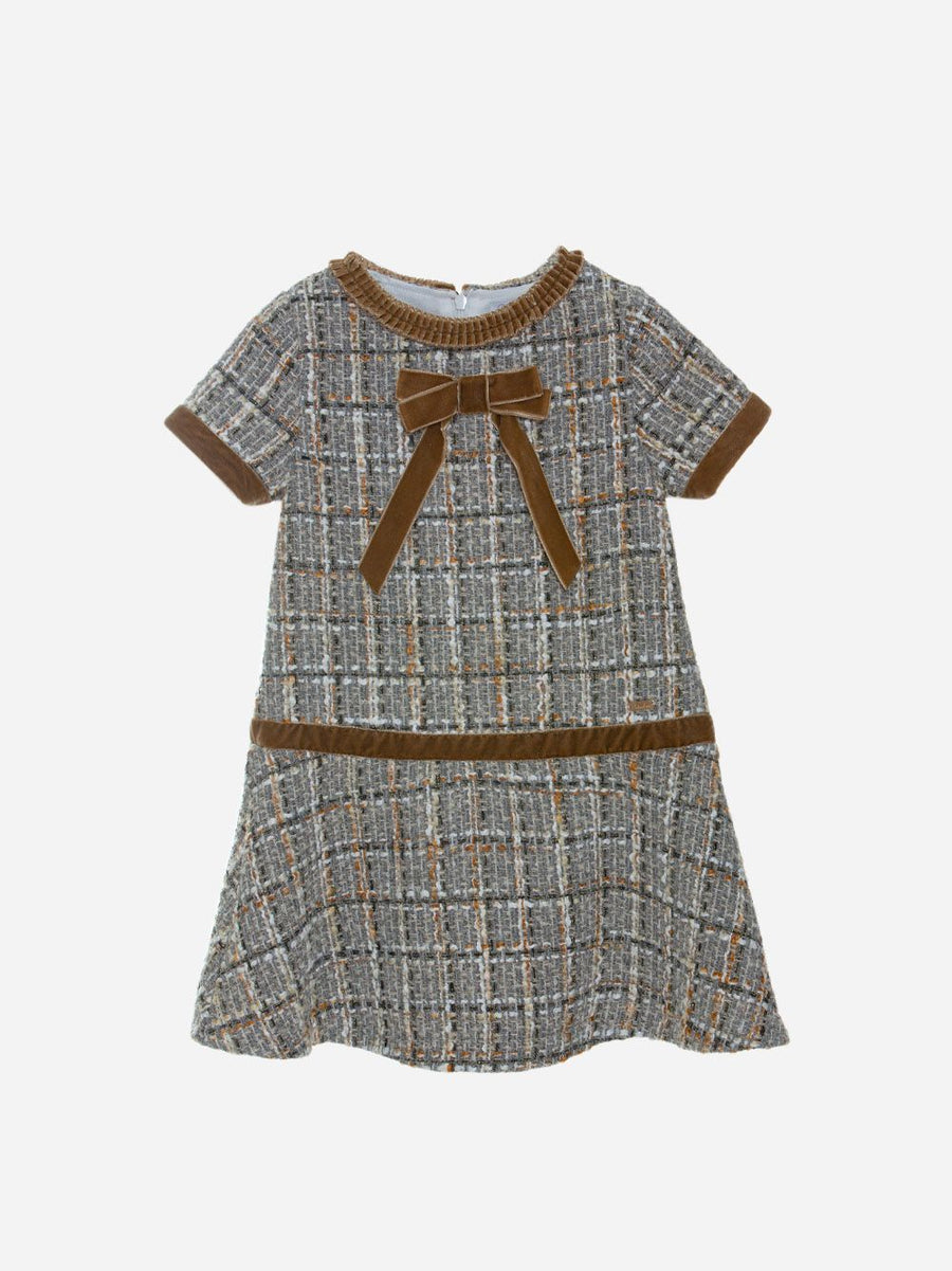 Patachou -  Velvet Tweed Bow Dress - Grey Ochre