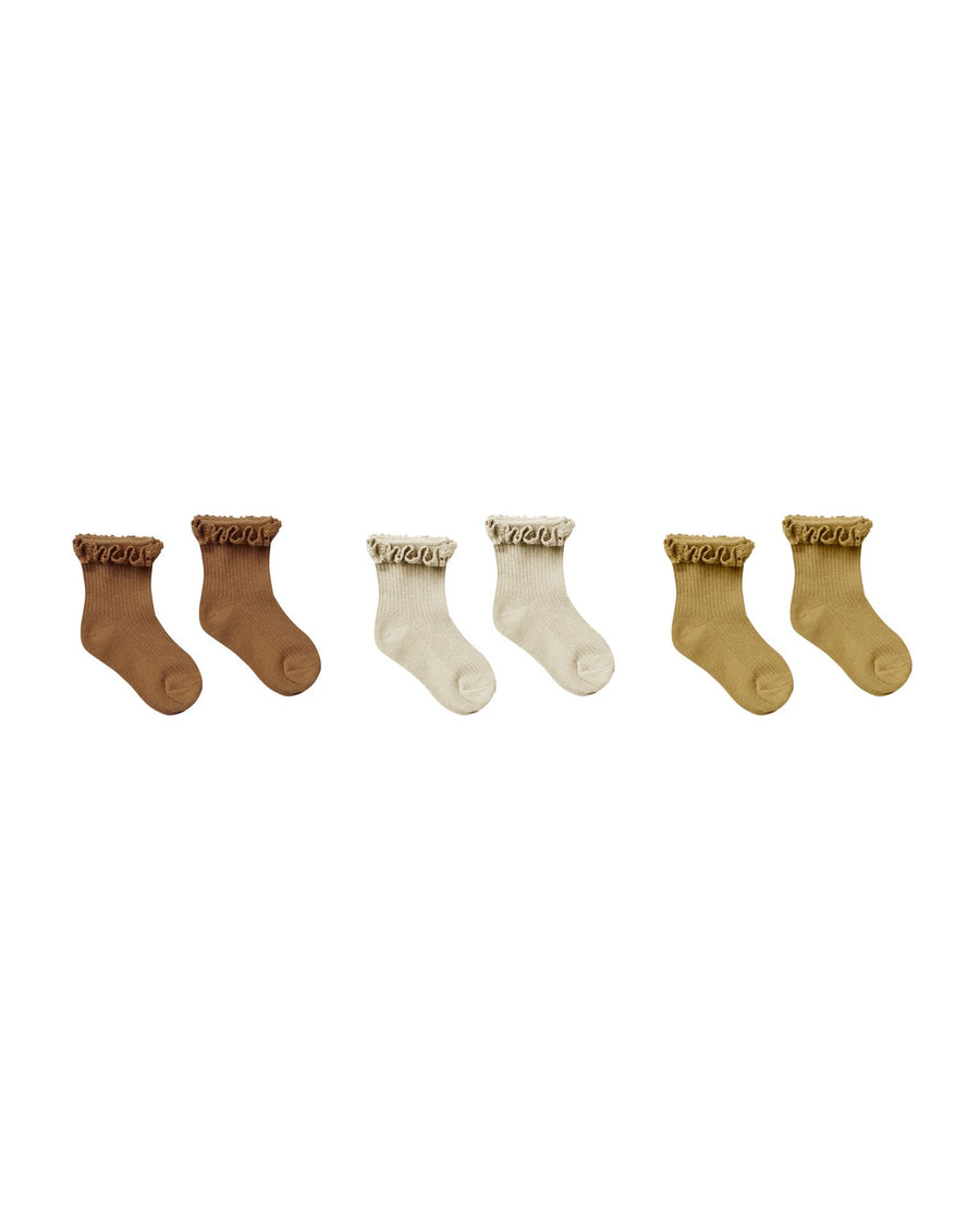 Rylee & Cru- Ruffle Socks 3 Pack - Rust, Gold, Stone