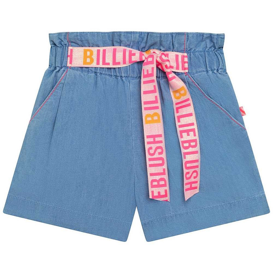 Billie Blush - Chambray Shorts with Logo Ribbon - Denim Blue