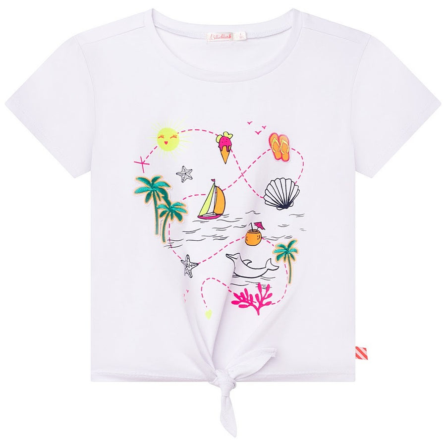 Billie Blush - Knotted Front Tee with Sailing Map Graphic - White